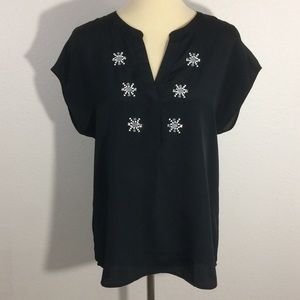 Ann Taylor V Neck Beaded Short Sleeve Blouse